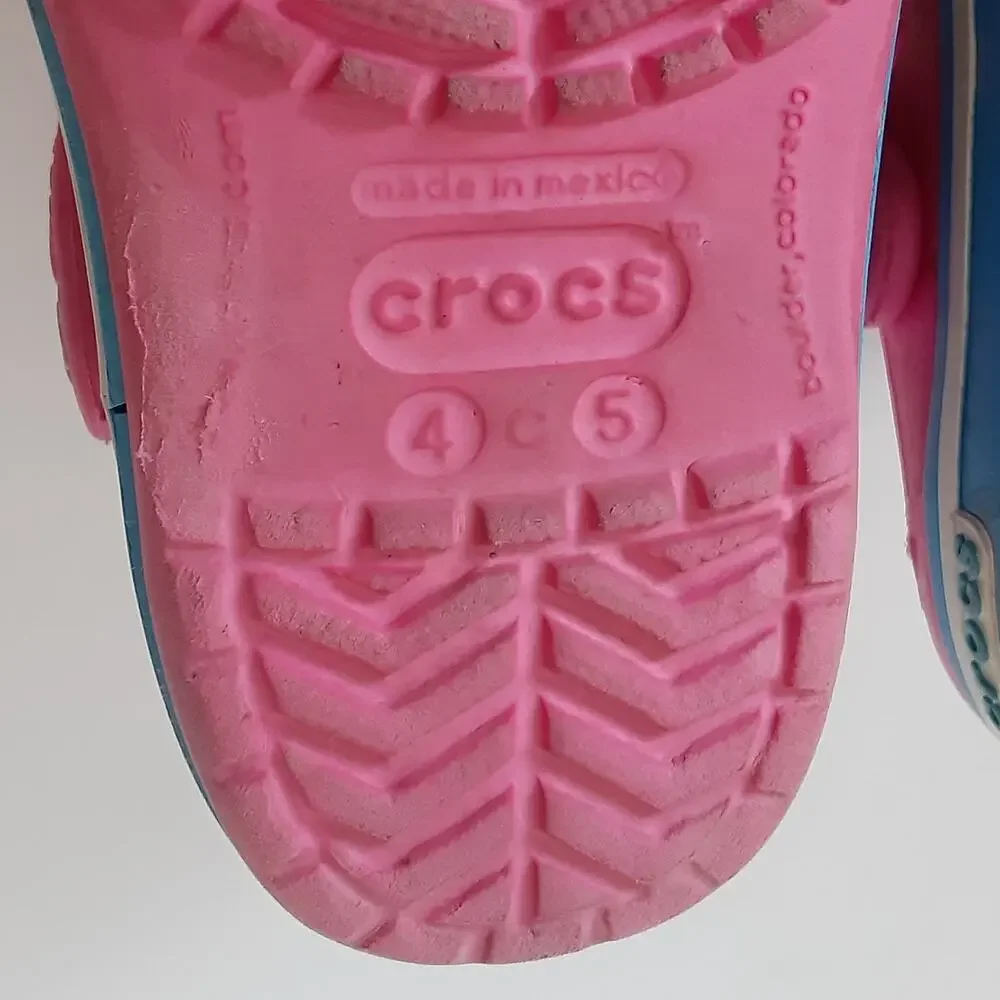 Crocs Crocband Clogs Toddler 4/5 Hot Pink Blue Stripe Retro Water Shoes Summer